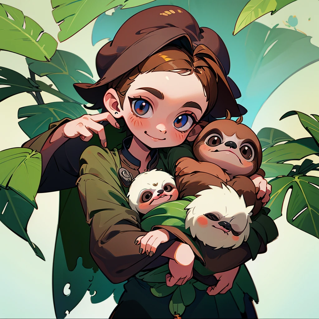 cute baby sloth hanging a human finger, close up, vibrant, single index finger