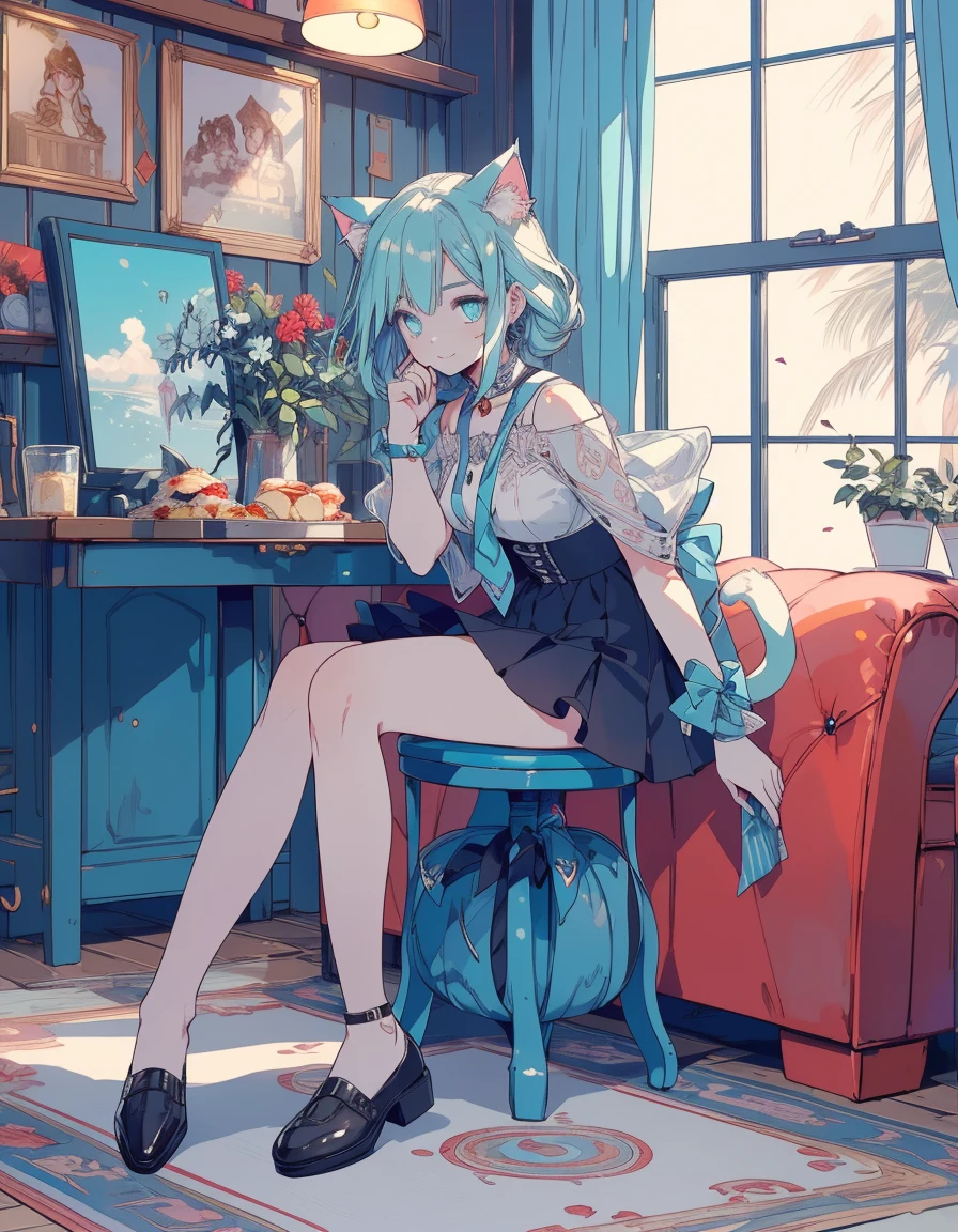 furrowed brow, mole under eye, light smile, full body, ((masterpiece, best quality:1.5)), ((Beautiful detailed cat aqua eyes:1.2)), cat ears, pale skin, medium breasts, beautiful hands, beautiful fingers, EasyNegative