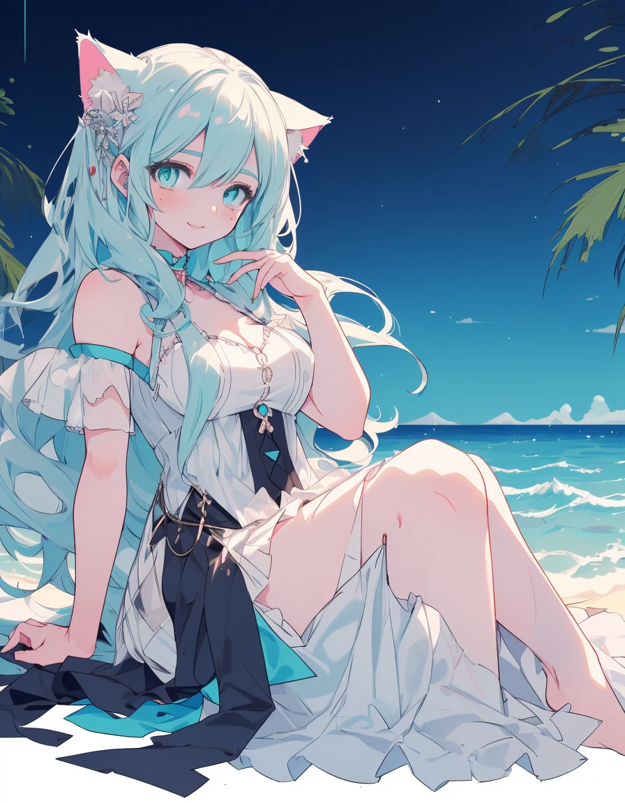 furrowed brow, mole under eye, light smile, full body, ((masterpiece, best quality:1.5)), ((Beautiful detailed cat aqua eyes:1.2)), cat ears, pale skin, medium breasts, beautiful hands, beautiful fingers, EasyNegative