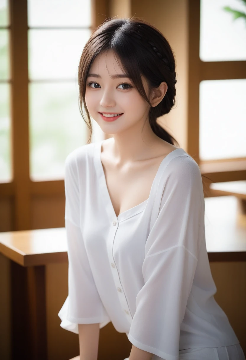 8K, Ultra-high resolution, Highest quality, masterpiece, 三分割法によるphotograph,Surreal, photograph, 1 Girl, (:1.3), pretty girl, Cute face, Beautiful eyes in every detail, 細かくdetailedに,masterpiece,, One Girl:1.2, Japan Female Announcer,whole body, 1 Girl, Blurred Background, Slender figure,Taisho Romance,Yeskara-san passes,Beautiful leg line beauty,Captivating thighs,A carefree smile,Heal the heart,Black Hair,Braid,Looking at the audience、beauty,Long neck、Laugh a little、Please close your mouth and laugh、(((Ideal body type))),A cup small breasts :2,、Portraiture:2、Perfect Anatomy、鮮明なdetailed、detailed、Surreal、Light and shadow,Strong light