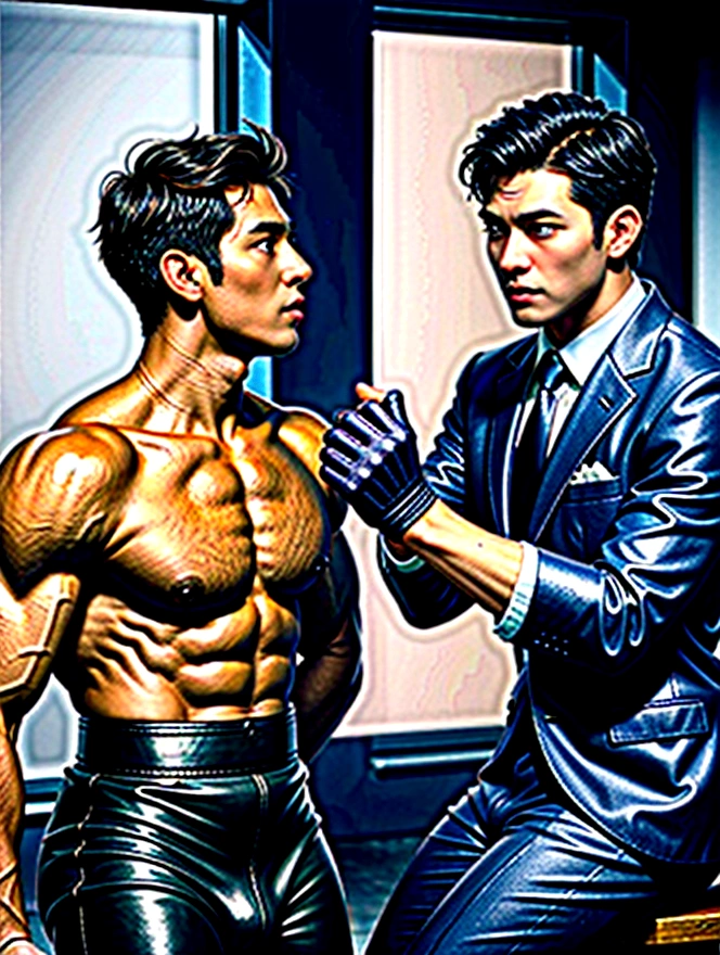 High quality two men in love 20years old,a daddy,tight black shiny suit sit down,k hd,in the office,muscle, gay ,black hair,asia face,masculine,strong man,the boss is,handsome,sex,leather gloves,lecherous dad,look straight ahead,Dad is erection