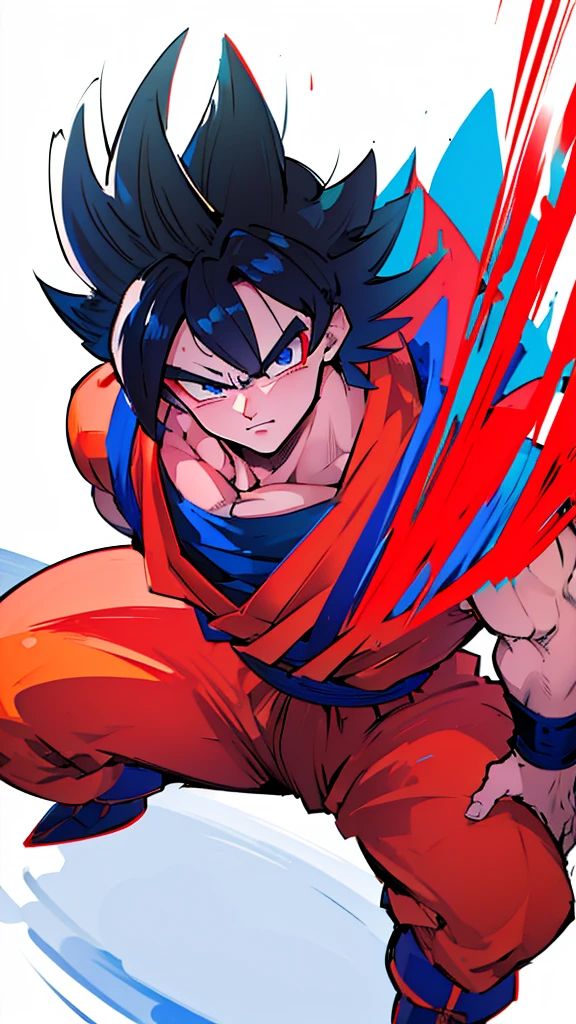 man, Son Goku from Dragon Ball Super in an epic pose while on top of a mountain while transformed into Super Super Saiyan, detailed, pronounced outline, better detail, red and blue color palette set, HD