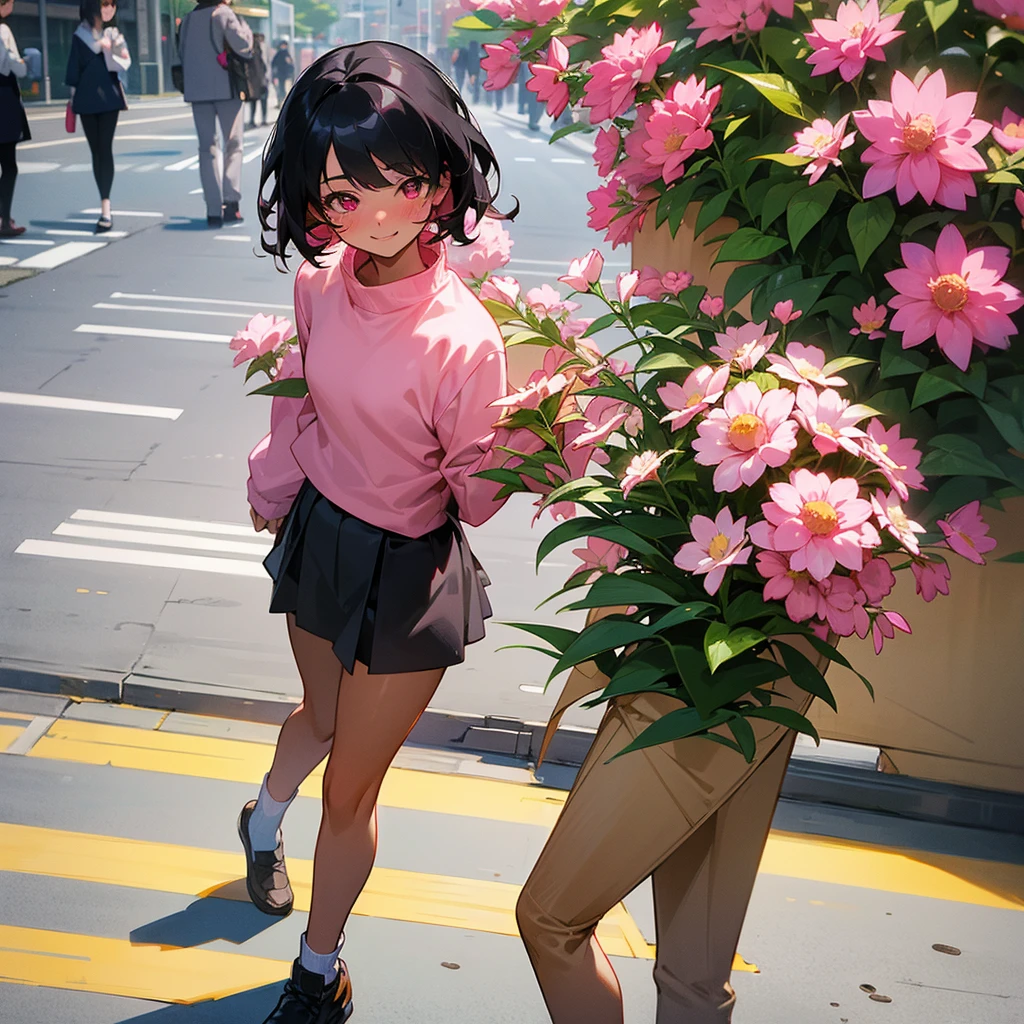 1female, sexy, young teen, tan skin, finely detailed pink eyes, wild medium hair, black hair color, long sleeve , short skirt, standing on street, day time, tokyo streets, happy expression, flowers, blushing