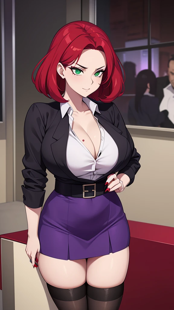 A sexy hex girl with a big chest wears red hair, a tousled cut, her green eye, she wears a button-down office shirt and a long purple skirt with a black heel.