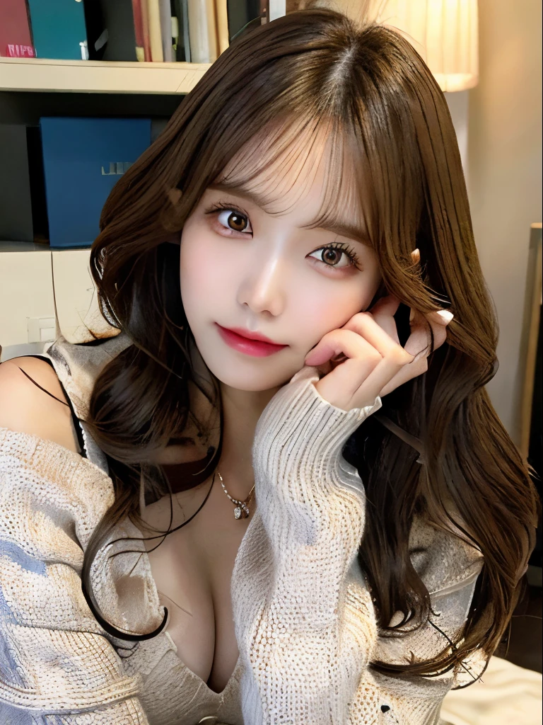 best qualtiy,tmasterpiece,超A high resolution,(realisticlying:1.4),
1girll long curly hair,Rich in detail, shoulder,cleavage,Knitwear, Deep shading, messy room, sit pose, Sitting on an object yoona snsd