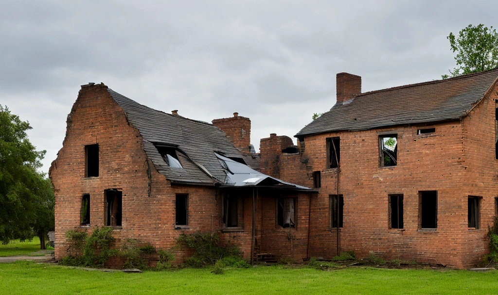 dilapidated brick house, the windows are nailed shut, Pitched roof with chimney, smoke comes out of the chimney, Green smoke comes out of the windows