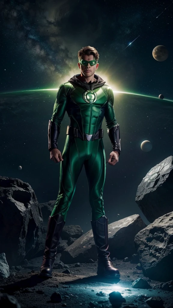 Green Lantern sitting on a research platform floating in the middle of the asteroid belt. He studies with a notebook, surrounded by several asteroids glowing with a fiery aura. Dramatic lighting from distant stars and planets illuminates the scene, casting deep shadows on the costume. The young man looks confident and determined, looking at the vast and mysterious universe with wonder and respect, facial hair, cowboy shot,