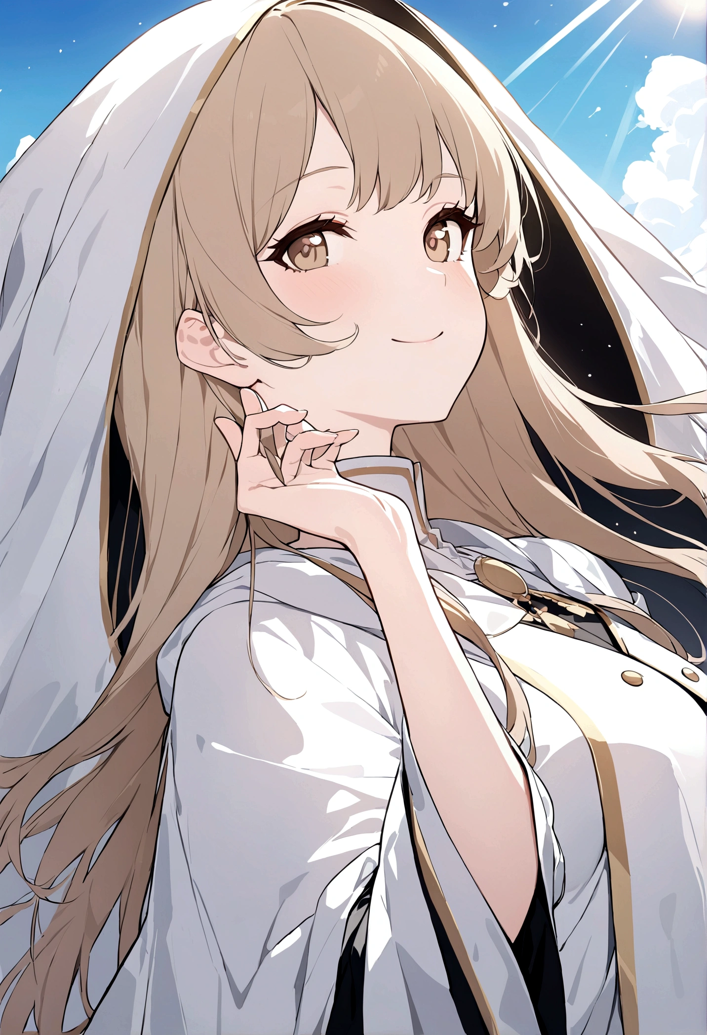 (masterpiece, 32k, 8k) a 17 year old girl, (looking at the sky with her hand stretched high), (profile angle), priestess overcoat, hood over her head, light brown hair, light brown eyes, (beautiful and heavenly face, cheerful smile 1.5), sunny sky, sunlight effect on the character