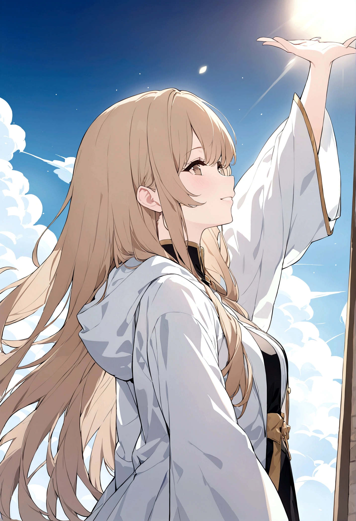 (masterpiece, 32k, 8k) a 17 year old girl, (looking at the sky with her hand stretched high), (profile angle), priestess overcoat, hood over her head, light brown hair, light brown eyes, (beautiful and heavenly face, cheerful smile 1.5), sunny sky, sunlight effect on the character