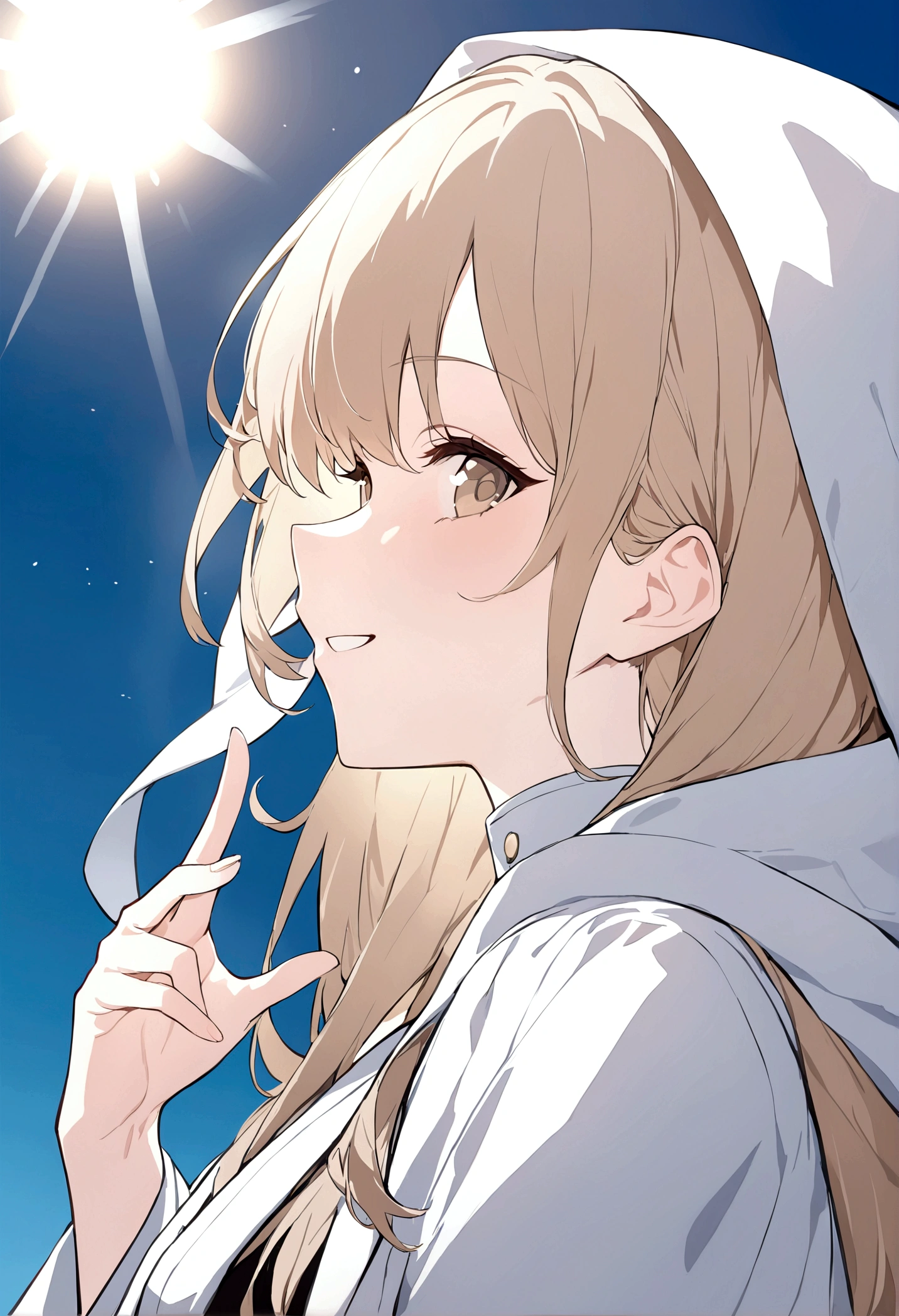 (masterpiece, 32k, 8k) a 17 year old girl, (looking at the sky with her hand stretched high), (profile angle), priestess overcoat, hood over her head, light brown hair, light brown eyes, (beautiful and heavenly face, cheerful smile 1.5), sunny sky, sunlight effect on the character