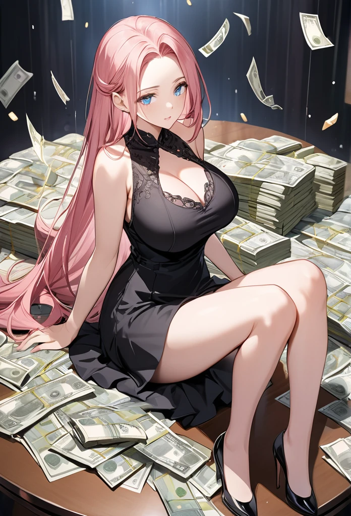 woman, pink hair, long hair, open forehead, no bangs, blue eyes, big breasts, black dress, short dress, elegant dress, sitting on a table, banknotes of money, money rain