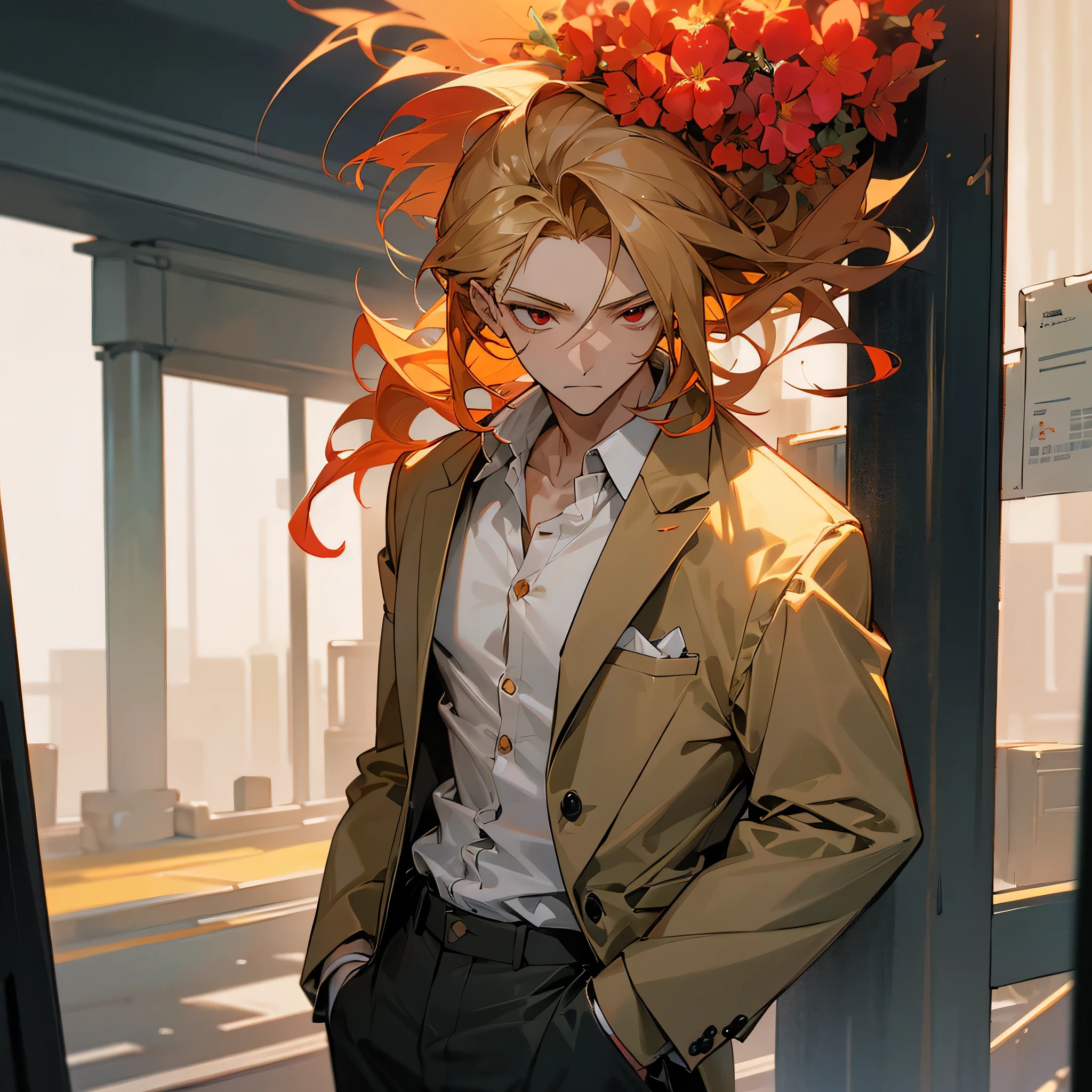 1male, adult, finely detailed red eyes, wild medium hair, blonde hair color, open suit, long sleeve button down shirt, standing with hand In pocket, tokyo streets, day time, somber expression, muscular, flowers