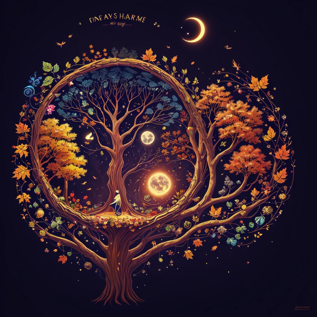 circular tree,four seasons,spring,summer,autumn,winter,leaves,roots,branches,trunk,ornate border,decorative,digital illustration,artwork,movement,time,swirling background,dark background,vibrant colors,natural,life cycle,growth,change,nature,life,peace,harmony,spirituality,symbolism,digital art,illustration,painting,graphic design,art,design,digital media,online art,visual art,fine art,fantasy