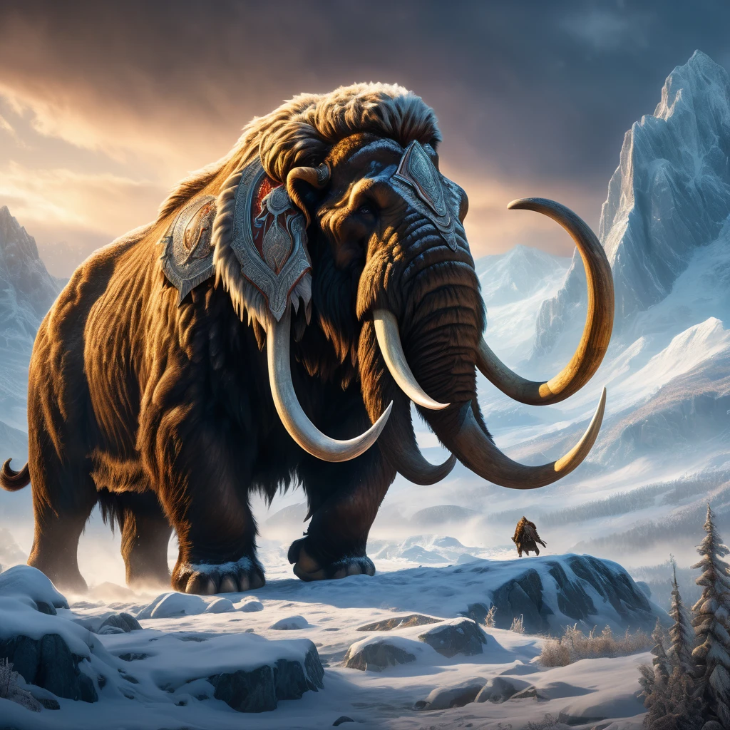 masterpiece, highly detailed, epic battle scene, massive woolly mammoth, towering over a mighty warrior, frozen tundra landscape, snow-capped mountains, howling blizzard, dramatic lighting, volumetric fog, intricate fur textures, glowing eyes, fierce determination, muscular anatomy, ornate armor, flowing cape, dramatic poses, cinematic composition, vibrant colors, dramatic shadows, photorealistic, 8k, hyper detailed