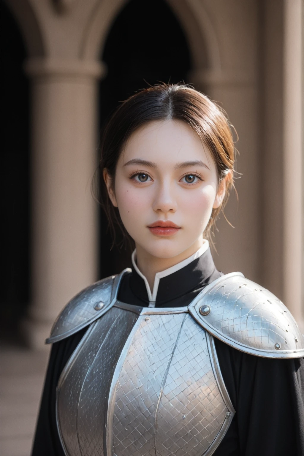 In this masterpiece of an extremely intricate and realistic portrait, a girl is depicted as the most beautiful in the world. She is adorned in medieval armor, with the metal reflecting the sunlight, showcasing the intricate craftsmanship and detailing of the armor. The portrait captures her upper body, emphasizing her regal and striking appearance.
The setting is outdoors, under intense sunlight that casts dramatic shadows and highlights, enhancing the realism of the image. In the background, a far-off castle adds a sense of grandeur and historical context to the scene.
The photograph is of a stunning woman, captured with sharp focus and a dramatic flair, deserving of awards for its exceptional quality. The cinematic lighting, achieved through advanced techniques like those used in Octane Render and Unreal Engine, adds depth and dimension to the portrait. Volumetric effects, such as dtx, further enhance the realism, making the image appear as if it could leap off the canvas.
The portrait features film grain, bokeh, and a blurry foreground and background, creating a depth of field that draws the viewer’s attention to the girl in the center. A crest on her chest adds a touch of nobility and historical significance to her attire.