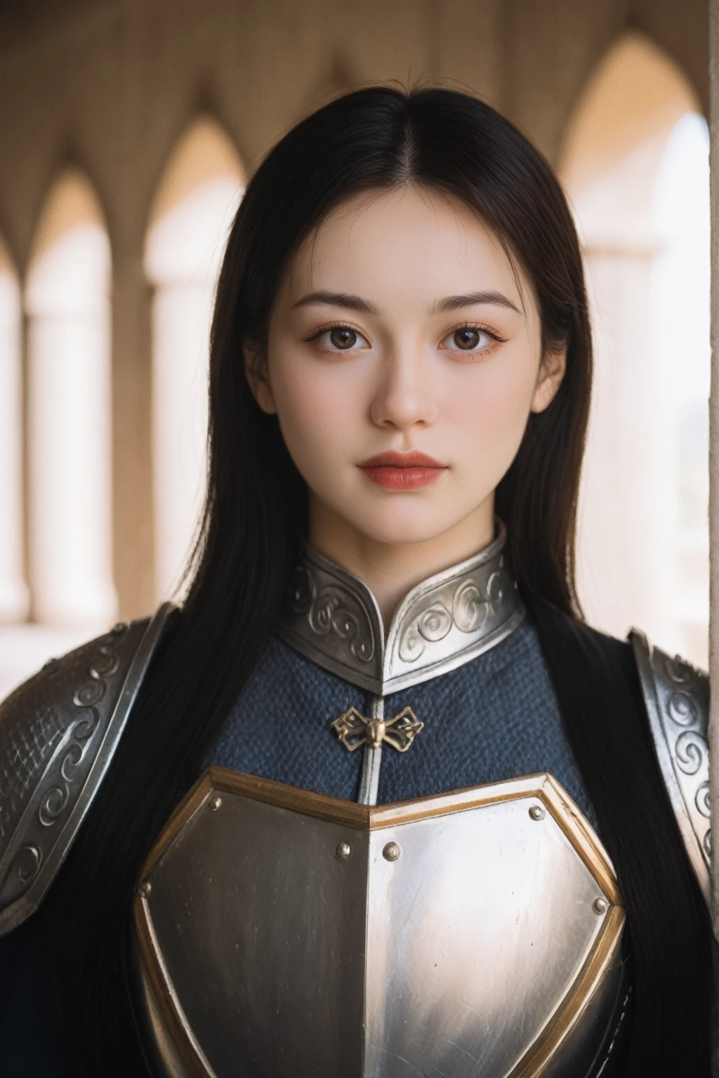 In this masterpiece of an extremely intricate and realistic portrait, a girl is depicted as the most beautiful in the world. She is adorned in medieval armor, with the metal reflecting the sunlight, showcasing the intricate craftsmanship and detailing of the armor. The portrait captures her upper body, emphasizing her regal and striking appearance.

The setting is outdoors, under intense sunlight that casts dramatic shadows and highlights, enhancing the realism of the image. In the background, a far-off castle adds a sense of grandeur and historical context to the scene.

The photograph is of a stunning woman, captured with sharp focus and a dramatic flair, deserving of awards for its exceptional quality. The cinematic lighting, achieved through advanced techniques like those used in Octane Render and Unreal Engine, adds depth and dimension to the portrait. Volumetric effects, such as dtx, further enhance the realism, making the image appear as if it could leap off the canvas.

The portrait features film grain, bokeh, and a blurry foreground and background, creating a depth of field that draws the viewer’s attention to the girl in the center. A crest on her chest adds a touch of nobility and historical significance to her attire.