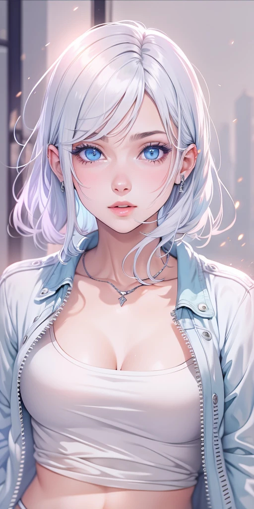 female,silver hair,blue eyes,short camisole,crop shirt,Off shoulders,white,Art, anime,illustration