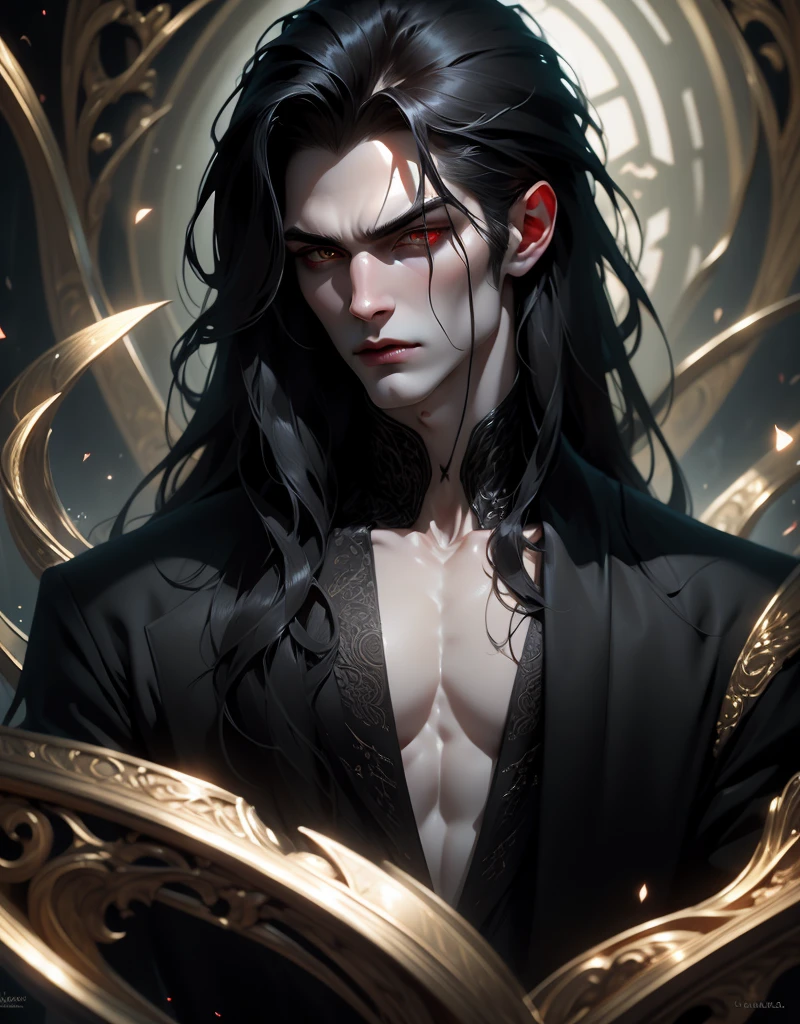 {anatomy}(Masterpiece - Ultra-detailed, very high resolution) Prepare to be enchanted by a true masterpiece that combines ultra-detailed art with high-resolution rendering. This work portrays a vampire man with long black hair (1.3) and captivating golden eyes (1.2), emanating an aura of mystery in decadent settings. The intricate details and realistic textures invite you to explore every aspect of this enchanting composition. Vampire man wearing black. Serious expressions. Pale skin like a vampire.