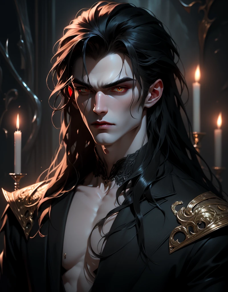 {anatomy}(Masterpiece - Ultra-detailed, very high resolution) Prepare to be enchanted by a true masterpiece that combines ultra-detailed art with high-resolution rendering. This work portrays a vampire man with long black hair (1.3) and captivating golden eyes (1.2), emanating an aura of mystery in decadent settings. The intricate details and realistic textures invite you to explore every aspect of this enchanting composition. Vampire man wearing black. Serious expressions. Pale skin like a vampire.