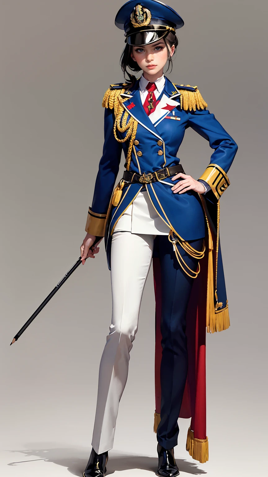 Create a highly detailed and realistic full-body character design concept illustration of a female Caledonian military officer in service dress uniform. The uniform should be dark navy with red accents, reflecting a sophisticated and authoritative appearance. The officer should be depicted with a formal, structured uniform that includes a peaked cap, decorated with military insignia and medals, and a short pencil skir. The design should emphasize a sense of discipline and prestige, with clean lines and attention to detail. The background should be white and clear to focus on the character design.
