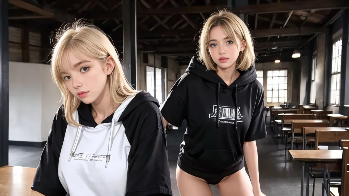 deux femmes blonde ensemble de 18 ans sexy et mince , black short sleeve hoodie , jambe visible , se touche,salle de classe,position sensuel