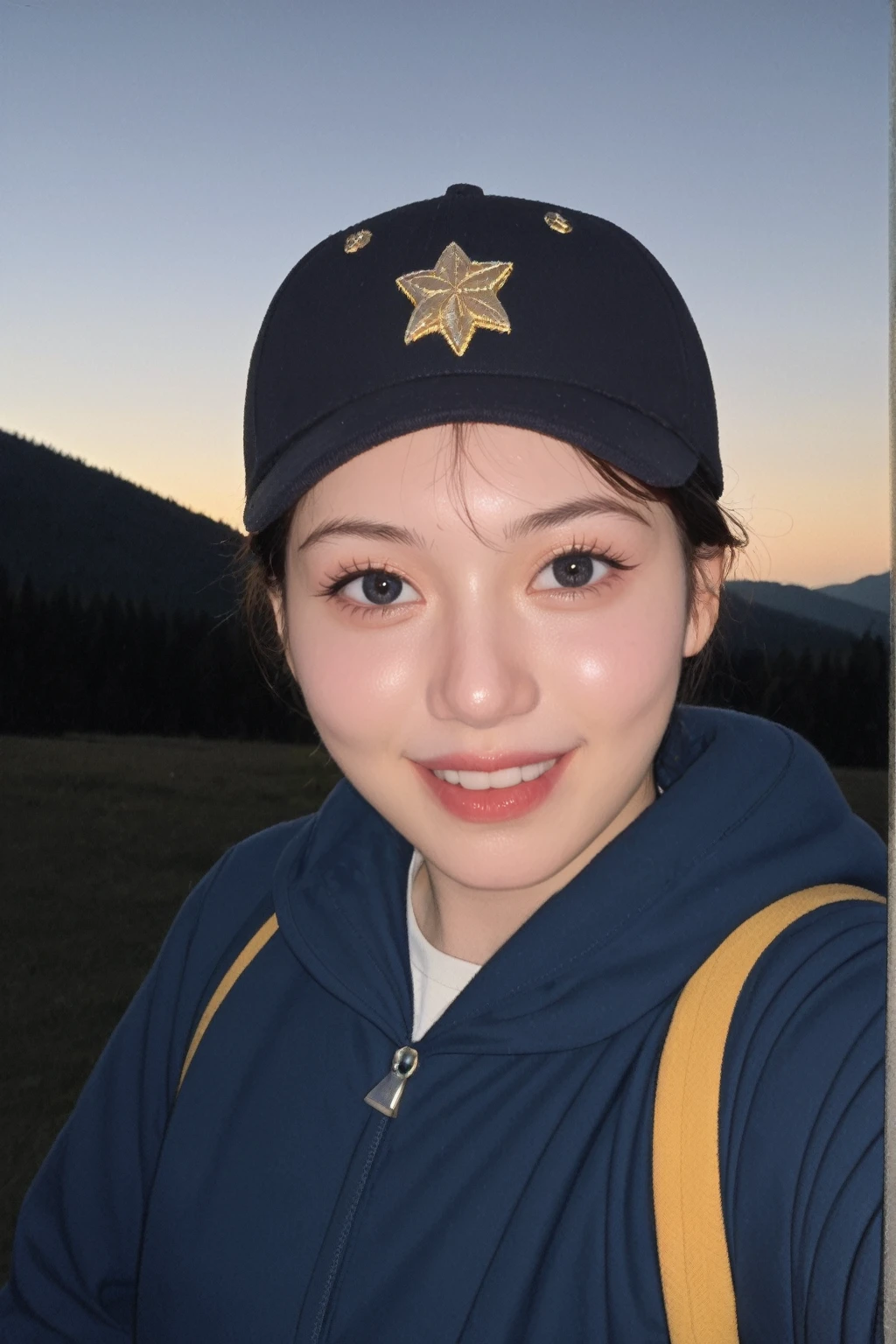 In this masterpiece of a selfie, VeronicaCipher is captured in a moment of pure happiness, showcasing her upper body against a backdrop of breathtaking nature. The setting is outdoors at night, with majestic mountains and a serene forest surrounding her. The sky is clear, adorned with twinkling stars and a luminous moon, casting a warm, inviting glow over the scene.

VeronicaCipher’s expression is cheerful and content, embodying the joy of being in the great outdoors. She’s equipped for a camping adventure, with a backpack, sleeping bag, camping stove, and water bottle at the ready. Her attire includes sturdy mountain boots, gloves, a cozy sweater, and a hat, all of which are essential for the chilly mountain air. A flashlight is clipped to her clothing, ready for any unexpected nighttime needs.

The lighting in the image is cinematic, with sidelighting that highlights the contours of her face and body, creating a dramatic and captivating effect. The shadows are deep and well-defined, adding depth to the image. The warm hues and tones of the scene, combined with the film grain and skin texture, give the photograph an analog, nostalgic feel.

The camera’s focus is on her upper body, with a close-up that captures the essence of her happiness and the beauty of the night. The image is shot in RAW format, ensuring the highest possible quality and detail. The use of Kodak Vision 3 film adds a classic, timeless quality to the photograph, making it a true work of art.
