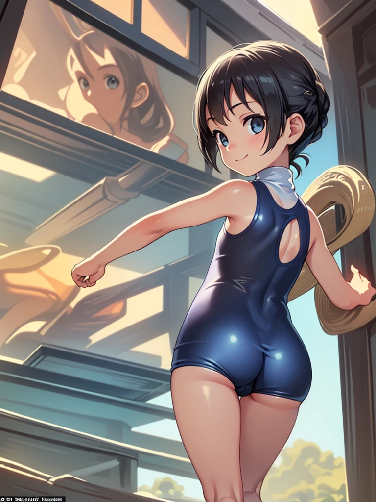 Highest quality, masterpiece, Ultra-high resolution, (Realistic:1.4), RAW Photos, Intricate details, Big beautiful eyes, Perfect contours, masterpiece, One Girl, ((Middle school students)), Braided Bob, The chest is large, Competitive swimmer, (one piece, turtleneck,Sleeveless swimsuit), Clear metallic blue swimsuit, tight high leg swimsuit, ((back view:1.3, looking over shoulder:1.3, shoot from below:1.4)), Portraiture, View your viewers, Outdoor swimming pool, Partially submerged, Wet Skin, smile, (Underarm)