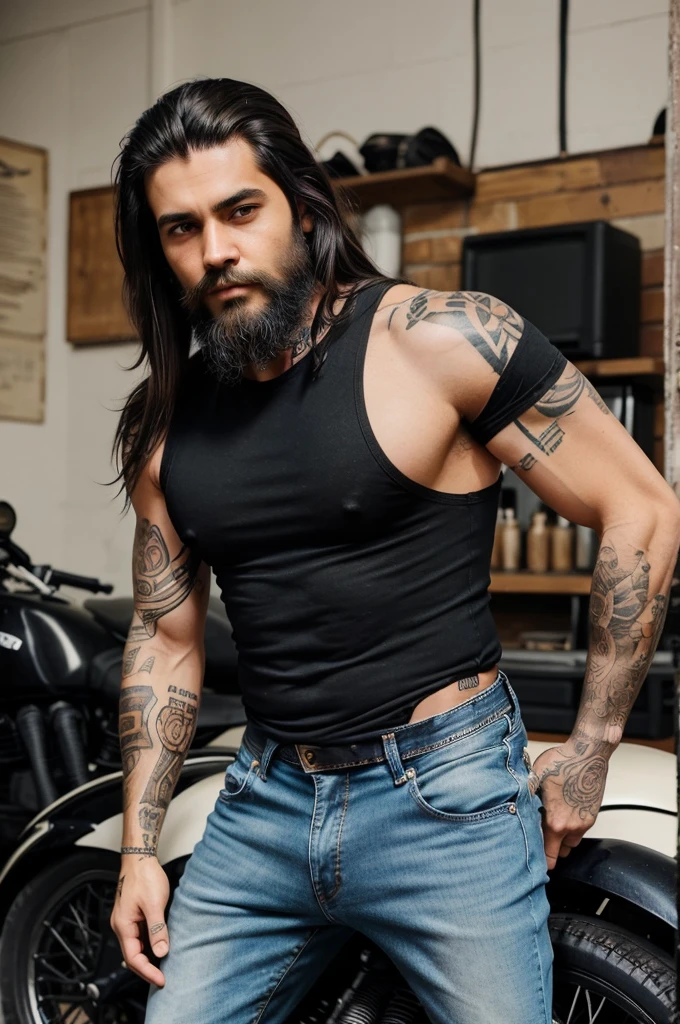 Man in worn jeans and black tshirt with short hair in the back and long hair on top which is pulled back. He wears ancient motorcycle boots. He has trimmed beard and hair on chest and tattooed on arms.