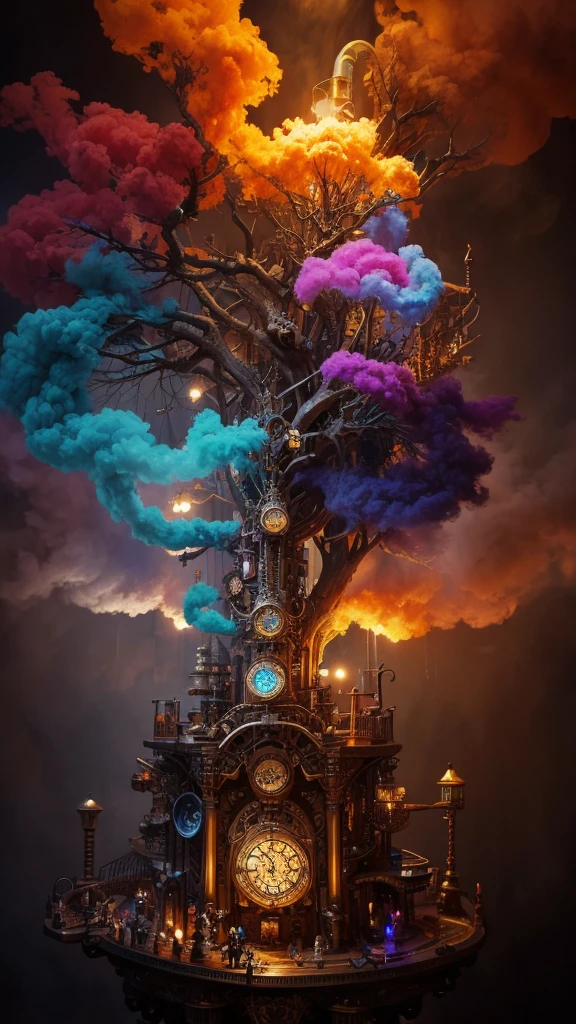 dreamlikeart tree of live, colorful smoke, insane details, steampunk details, intricate details, hyperdetailed,