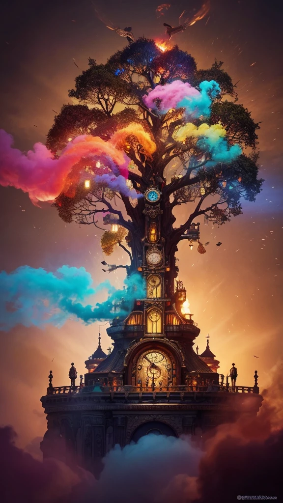 dreamlikeart tree of live, colorful smoke, insane details, steampunk details, intricate details, hyperdetailed,
