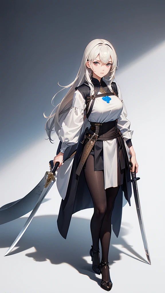 ((Pause)), (To the camera), Character Design, (Young people), ((Female Swordsman), (Medieval), whole body, Holding a sword, (Perfect quality), Pure white background