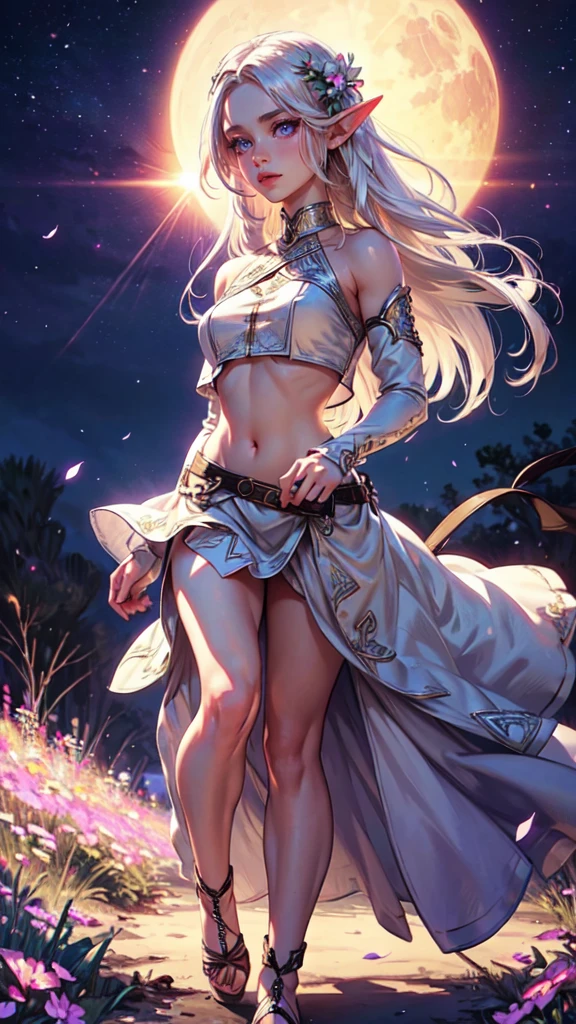 realistic, 1girl, white hair, purple eyes, glowing eyes, crop top, skirt, parted lips, blush, night, flowers, sun, sunlight,
detailed eyes, detailed hands, detailed face, elf girl, beautiful , full body
