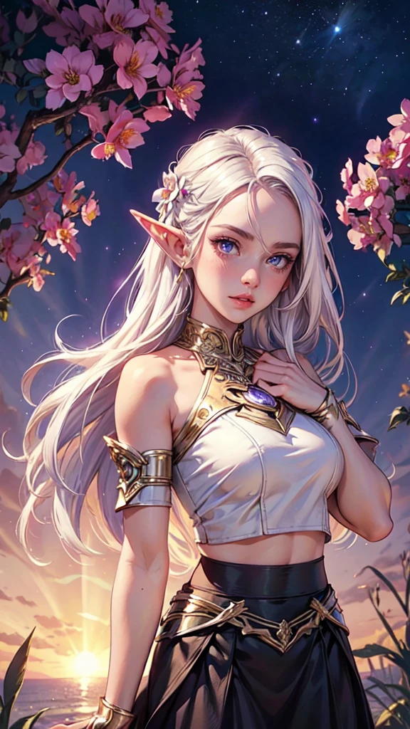 realistic, 1girl, white hair, purple eyes, glowing eyes, crop top, skirt, parted lips, blush, night, flowers, sun, sunlight,
detailed eyes, detailed hands, detailed face, elf girl, beautiful , full body