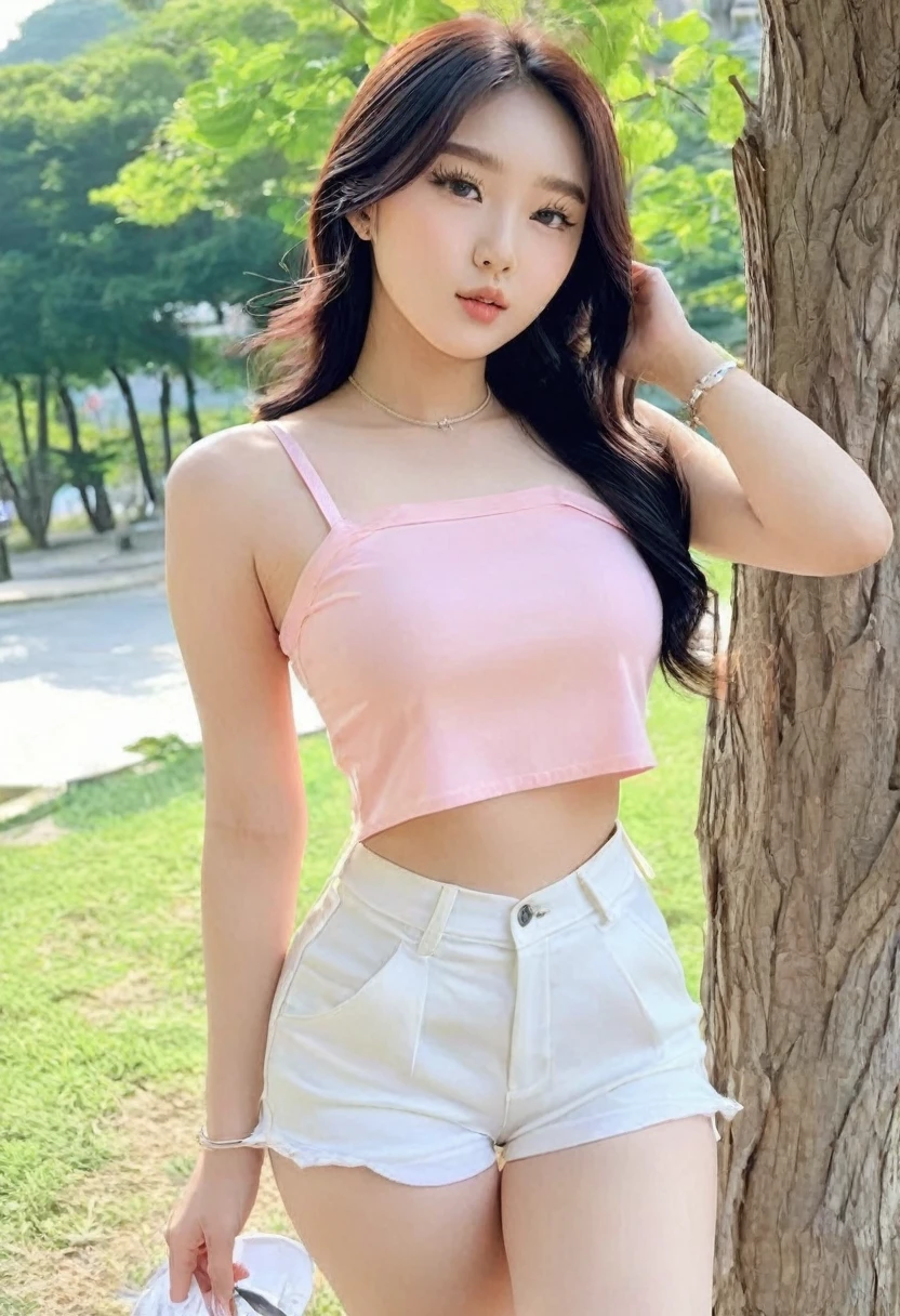 ((Best high quality:1.2)), Work of art, (8k), extremely detailed, ((High detail:1.2)), (HotLexi woman), Solo, ((24 years old pretty perfect Korean Ulzzang female:1.4)), (crop top, mini-shorts),
