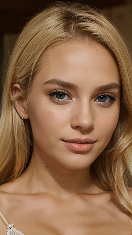 make a blonde woman, with European features, like you&#39;re taking a selfie, as if the camera was a little higher