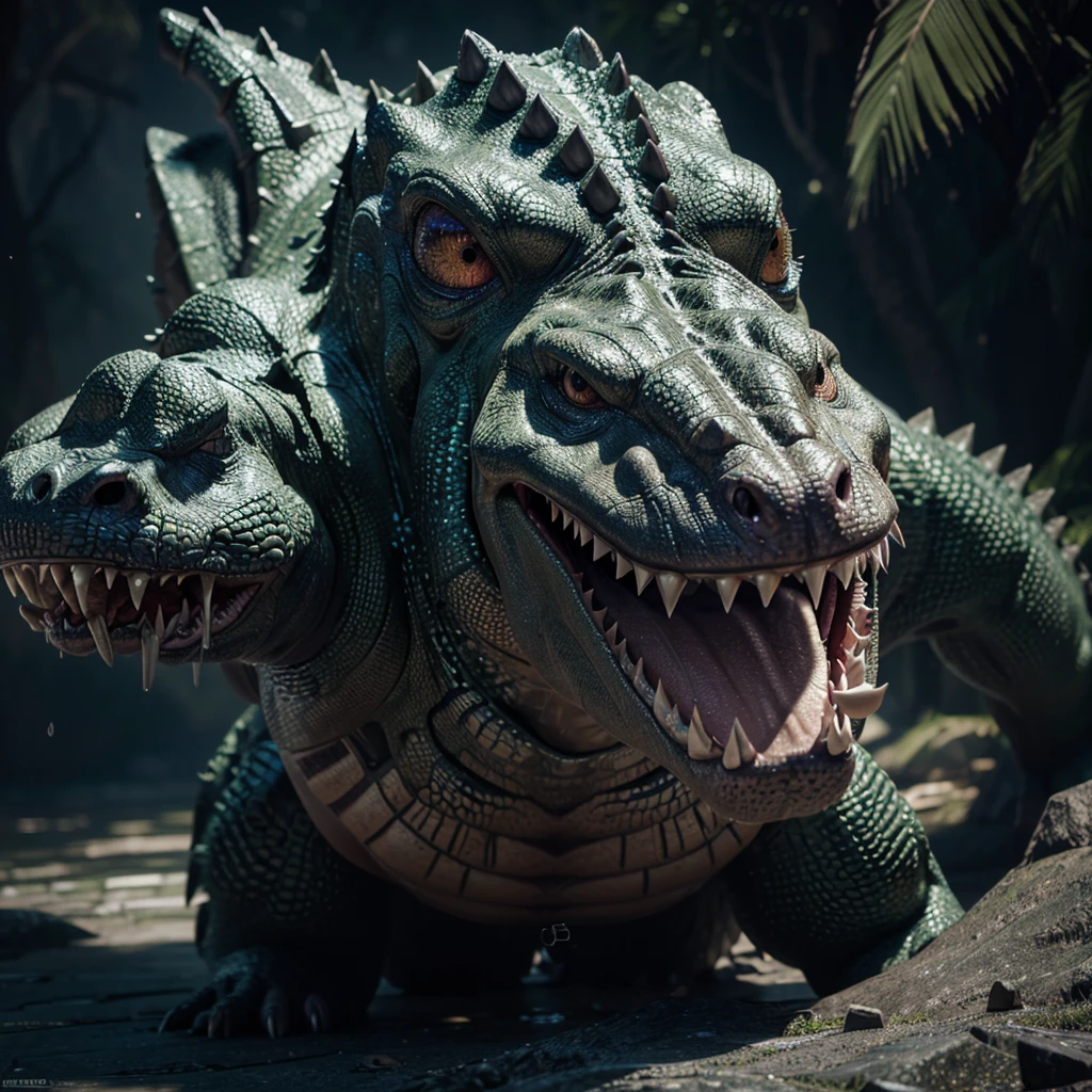 a muscular animated crocodile, highly detailed, 4k, 8k, hyperrealistic, photorealistic, physically-based rendering, extreme detailed scales, sharp focus, professional 3d render, dynamic pose, powerful jaws, vivid colors, dramatic lighting, cinematic composition, epic fantasy