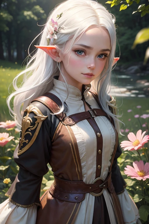 a girl with white hair, an elf, (best quality,4k,8k,highres,masterpiece:1.2),ultra-detailed,(realistic,photorealistic,photo-realistic:1.37),1girl,small smile,multicolored background,flower,dynamic colors,
