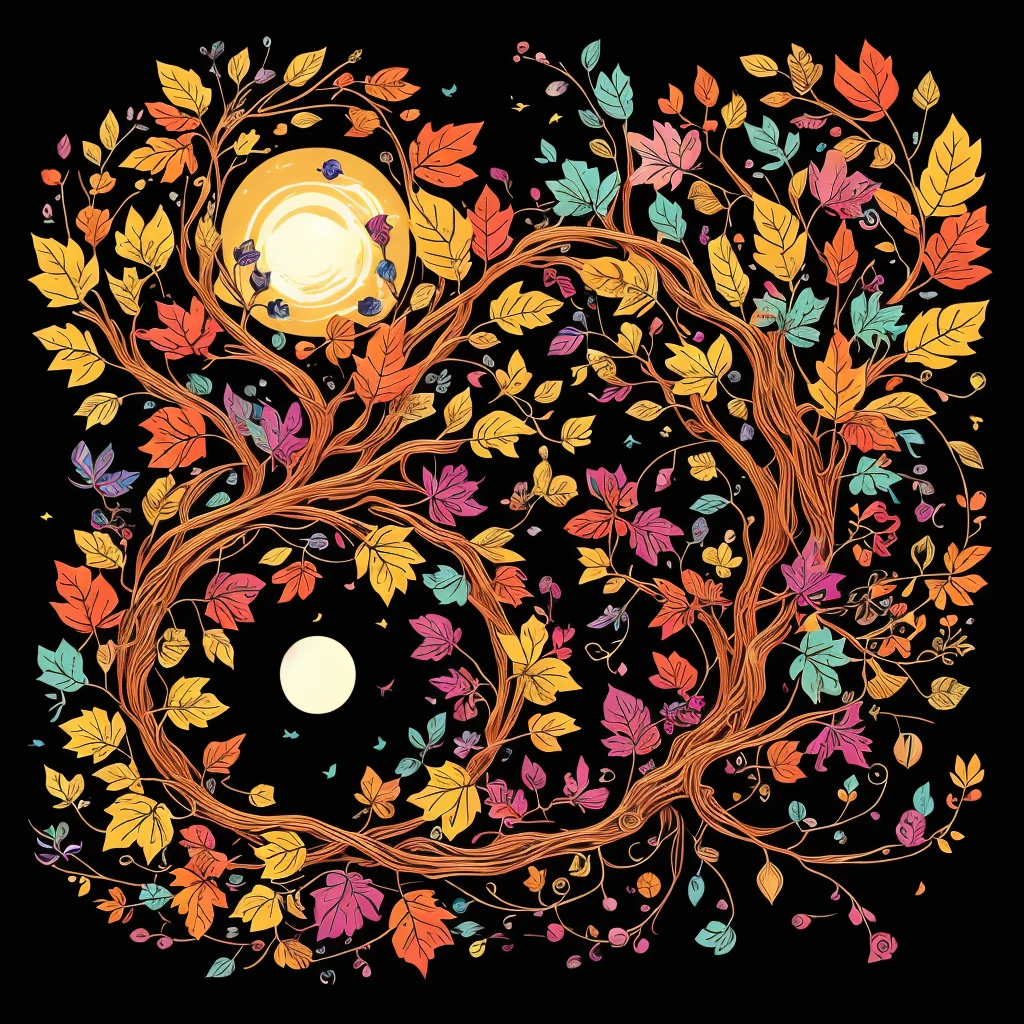 circular tree,four seasons,spring,summer,autumn,winter,leaves,roots,branches,trunk,ornate border,decorative,digital illustration,artwork,movement,time,swirling background,dark background,vibrant colors,natural,life cycle,growth,change,nature,life,peace,harmony,spirituality,symbolism,digital art,illustration,painting,graphic design,art,design,digital media,online art,visual art,fine art,fantasy