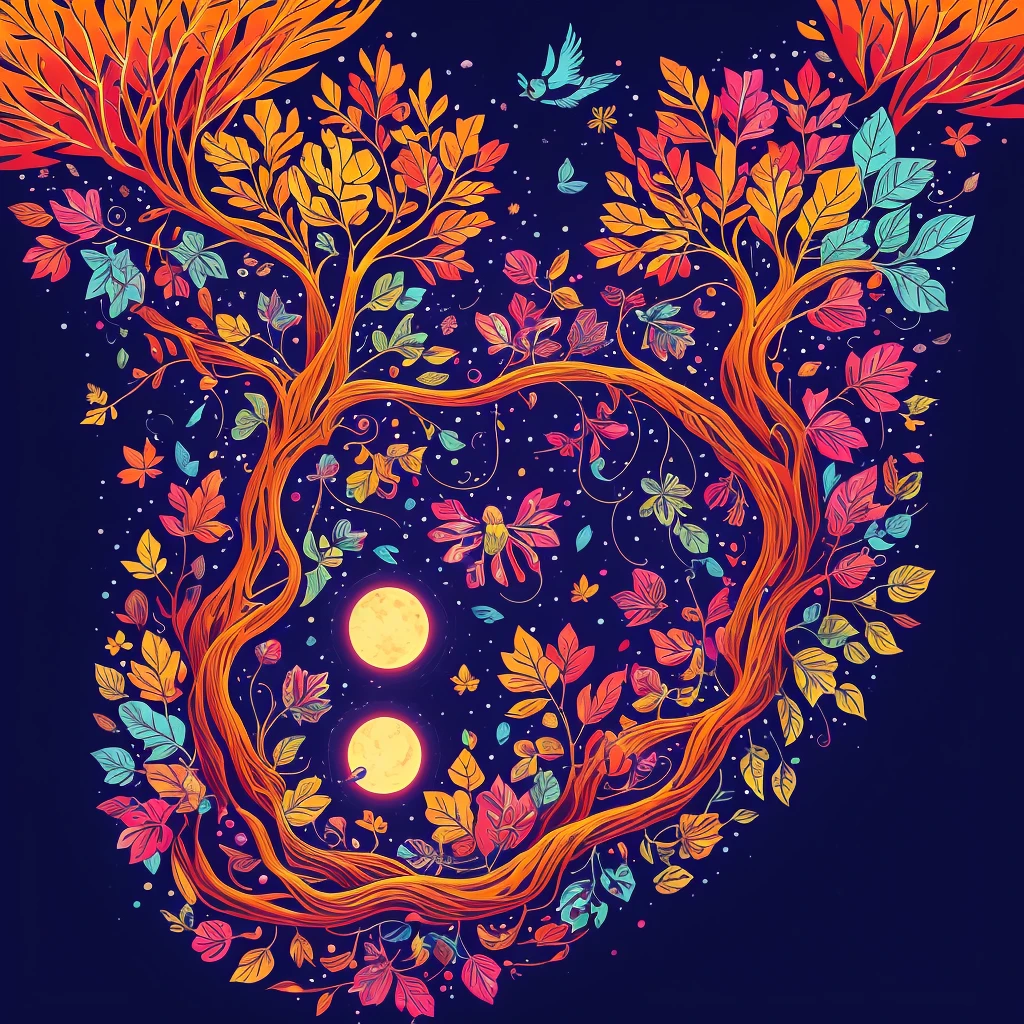 circular tree,four seasons,spring,summer,autumn,winter,leaves,roots,branches,trunk,ornate border,decorative,digital illustration,artwork,movement,time,swirling background,dark background,vibrant colors,natural,life cycle,growth,change,nature,life,peace,harmony,spirituality,symbolism,digital art,illustration,painting,graphic design,art,design,digital media,online art,visual art,fine art,fantasy