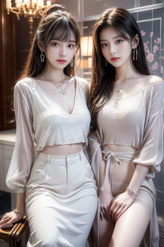 practicalphotography,22 years old,portrait,full Body,Korean,(:1.3),2 girl,beautiful girl,arrogant,Sitting in a large classroom chair,(necklace、earrings、bracelet:1.1),(Environmental details:1.3),(Original image、CG Unity、photography、Ultra-practical details、Clear focus、Delicate skin、4K、high resolution、masterpiece、Best quality、practical、Energetic:1.2),(8K、4K、Ultra-high quality、high resolution、major、ish、dramatic),Detailed home background
