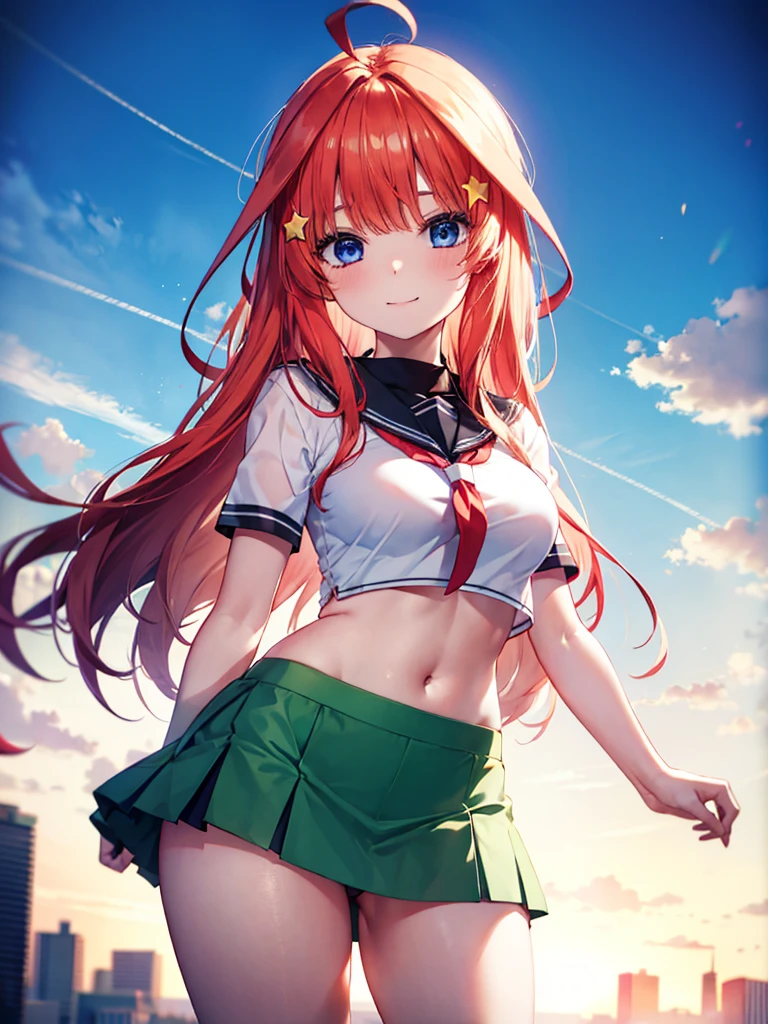 best quality, highly detailed, 1girl, cowboy shot, nakano itsuki, blue eyes, red hair, long hair, star hair ornament, ahoge, crop top, green skirt, miniskirt, medium breasts, standing, school, outdoors, smile, large breasts, small waist, very wide hips and thick thighs. smiling. Arched back. Volumetric light. Ambient light. ,camel toe, ยืนกางขา,