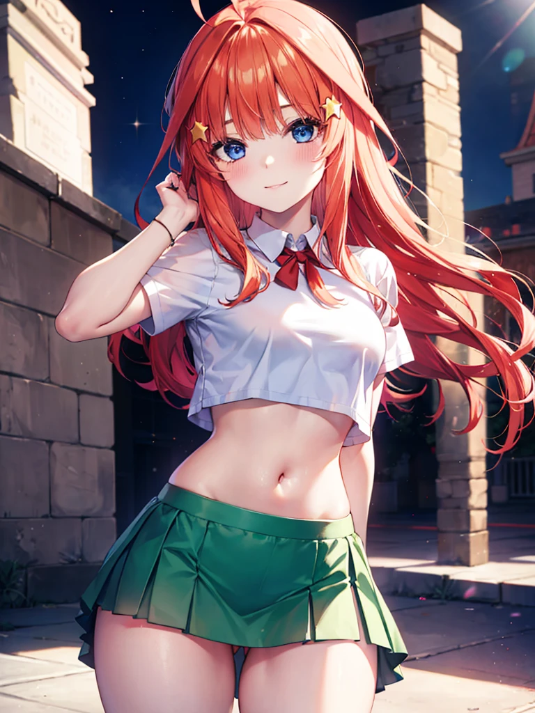 best quality, highly detailed, 1girl, cowboy shot, nakano itsuki, blue eyes, red hair, long hair, star hair ornament, ahoge, crop top, green skirt, miniskirt, medium breasts, standing, school, outdoors, smile, large breasts, small waist, very wide hips and thick thighs. smiling. Arched back. Volumetric light. Ambient light. ,camel toe, ยืนกางขา,