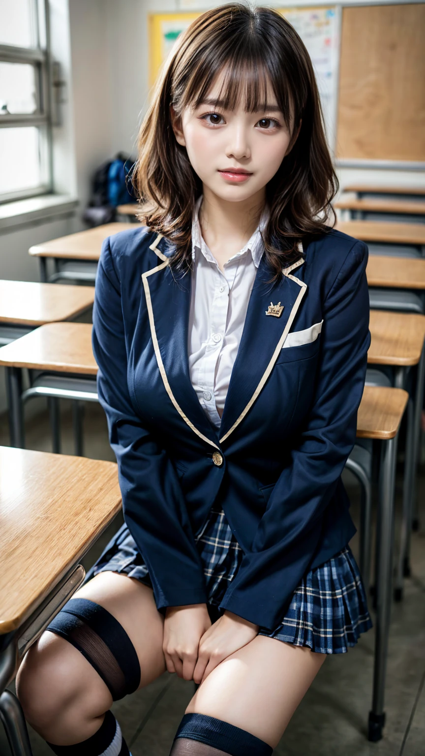 (8K, RAW Photos, Highest quality, masterpiece:1.2), (professional photography, full colors, studio-caliber color grading), (Gravure quality for high-end fashion magazines), BREAK,18 year old girl, short hair, (wavy hair:1.2), short bob hair, black hair color, Big Natural Color Lip, (Plumpy body:1.2), (smooth skin:1.1 (huge breasts:1.0 BREAK High school girl uniform, blazer, Super Short Check Uniform Skirt, Navy blue high socks, BREAK High School Classroom