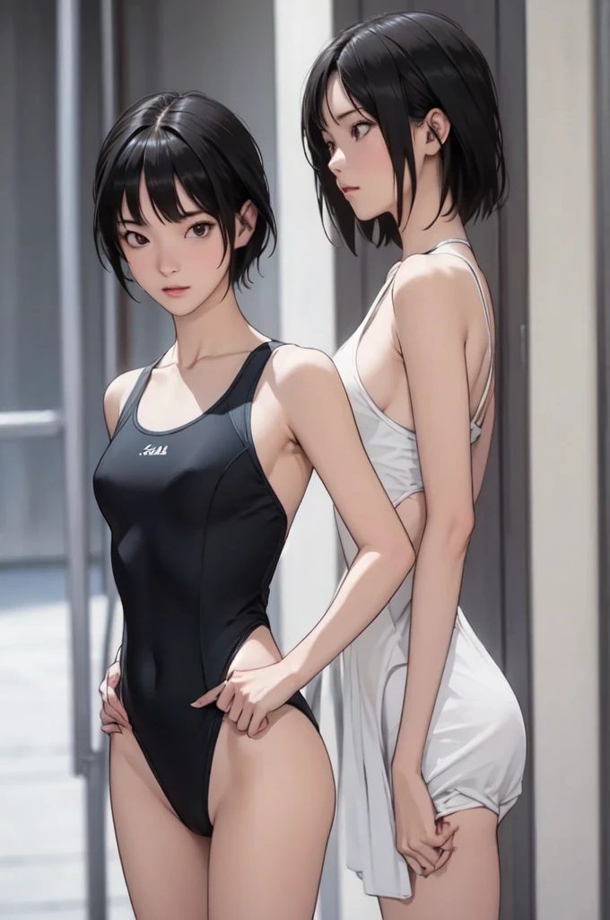 ((masterpiece, best quality)),((highres:1.2)), 1 Girl, solo, Blurred Background, (((Small breasts))), Thighs, (One piece swimsuit), pool, ((hard pose))