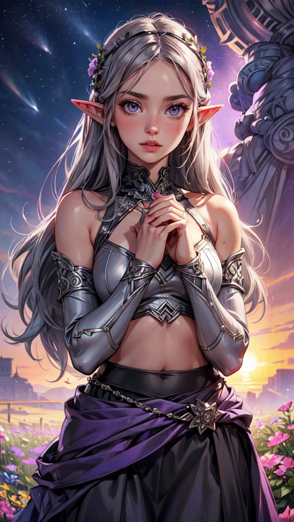 realistic, 1 girl, gray hair, purple eyes, shining eyes, crop top, skirt, parted lips, blush, night, flowers, sun, sunlight, detailed eyes, detailed hands, detailed face, elf girl, beautiful , full body, flowers

