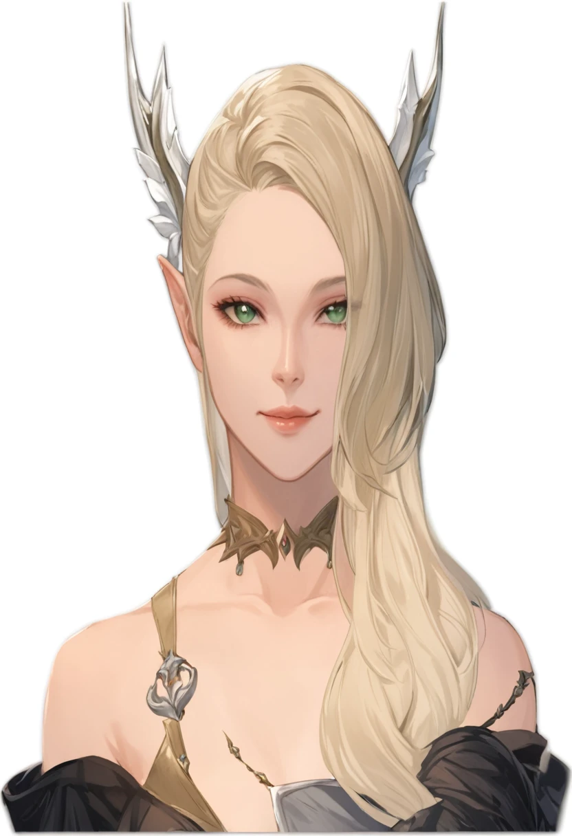 A blonde woman with horns and a necklace around her neck, elven character with smirk, beautiful and elegant Female Elf, Elf portrait queen, Elf Girl, a Elf portrait, Female Elf, Beautiful and elegant elven queen, Elf portrait, Character Art Close-Up, とても美しいElf portrait, Lineage 2 Revolution Style, Character close-up