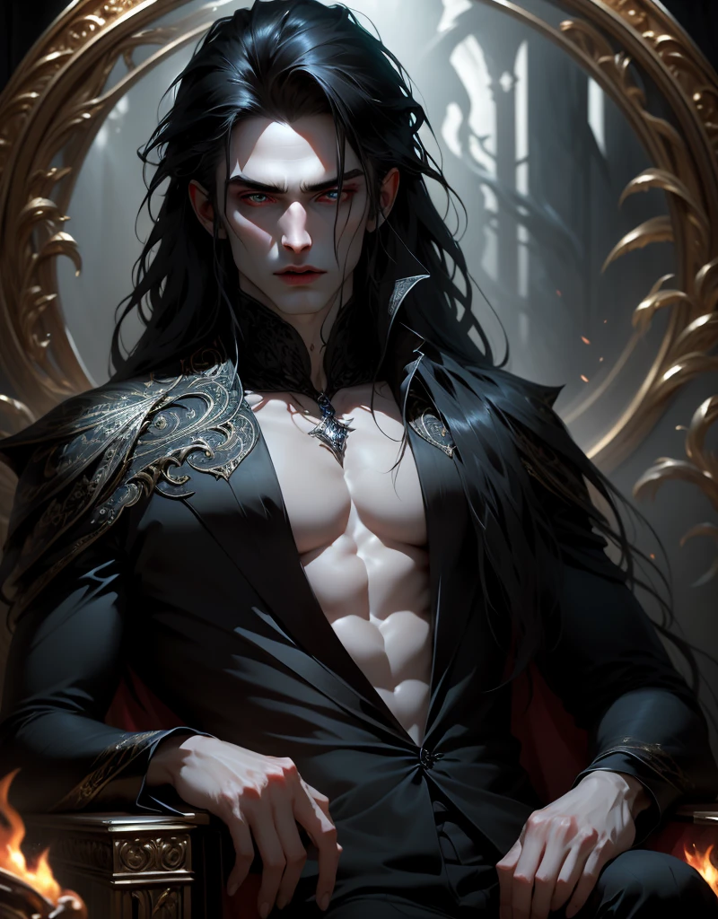 {anatomy}(Masterpiece - Ultra-detailed, very high resolution) Prepare to be enchanted by a true masterpiece that combines ultra-detailed art with high-resolution rendering. This work portrays a vampire man with long black hair (1.3) and captivating golden eyes (1.2), emanating an aura of mystery in decadent settings. The intricate details and realistic textures invite you to explore every aspect of this enchanting composition. Vampire man wearing black. Serious expressions. Pale skin like a vampire.