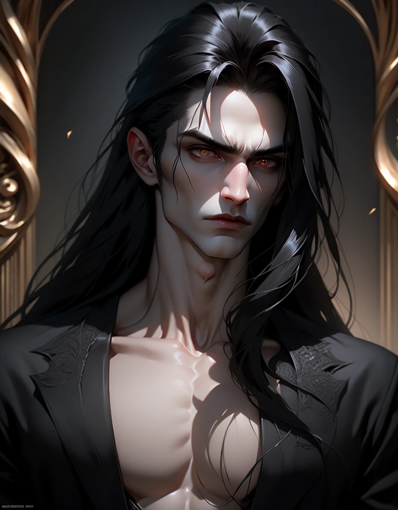 {anatomy}(Masterpiece - Ultra-detailed, very high resolution) Prepare to be enchanted by a true masterpiece that combines ultra-detailed art with high-resolution rendering. This work portrays a vampire man with long black hair (1.3) and captivating golden eyes (1.2), emanating an aura of mystery in decadent settings. The intricate details and realistic textures invite you to explore every aspect of this enchanting composition. Vampire man wearing black. Serious expressions. Pale skin like a vampire.