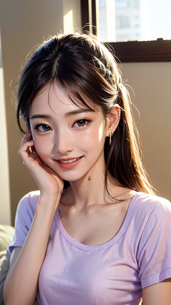 (higher resolution, distinct_image) The best quality, a woman, masterpiece, highly detailed, semi realistic, 21 years old, beautiful, young, handsome, t-shirt, lilac shirt pulled, collar on neck, interior, modern room, window, wake up, morning, blush, smiling