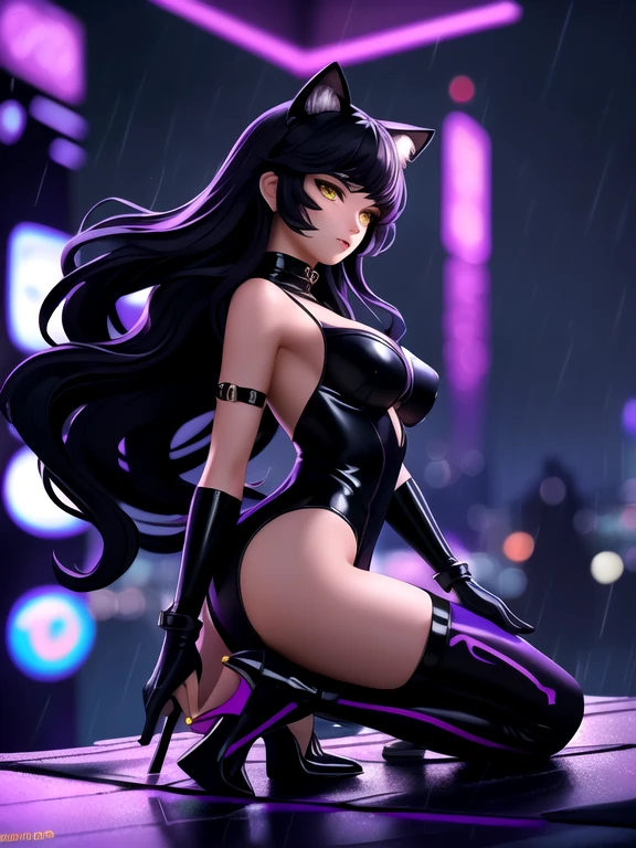 masterpiece:1.2, best quality,  Belladonna, cat ears, long hair, purple body suit, black gloves, high heels medium breasts, black hair, yellow eyes,, full body, up close, standing, cyberpunk background, blur, neon lights, roof top, in the rain, overlooking city, upper body, ((side view)), up close, looking at viewer,